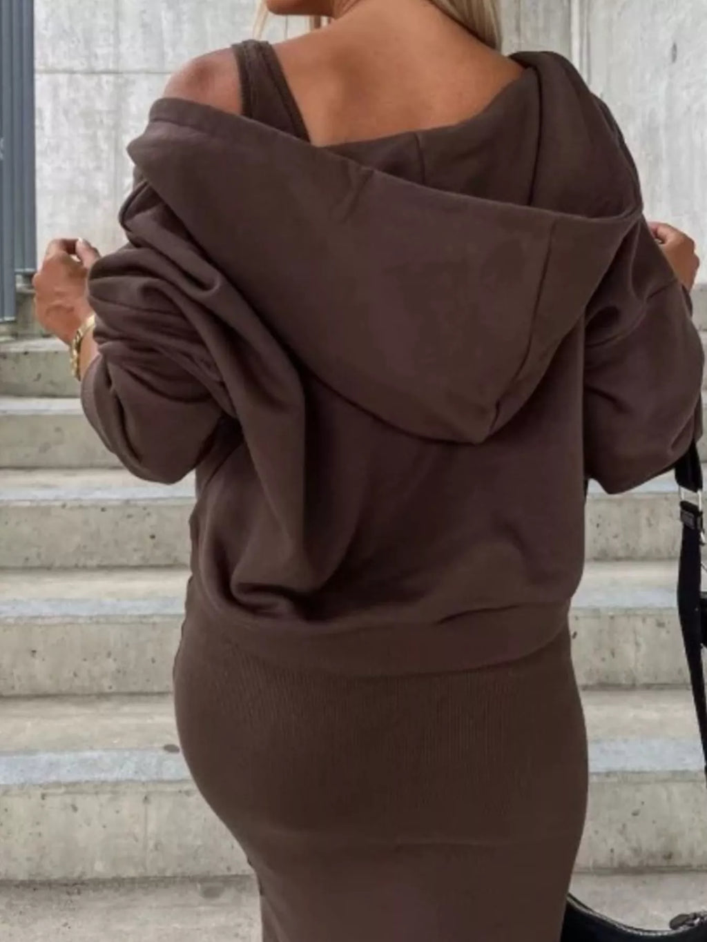 Solid Color Tank Dress V-neck Hoodie Set (6)