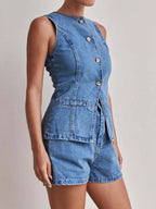 Button Down Vest Shorts Denim Set (12)