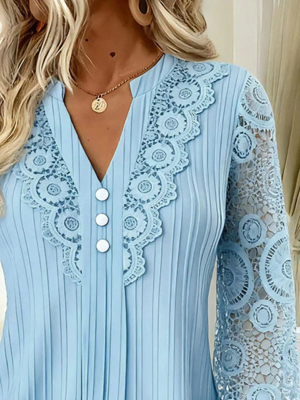 Lace Long Sleeve Notched Blouse (12)