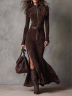 Full Size Slit Zip-front Long Sleeve Maxi Dress Belt Plus