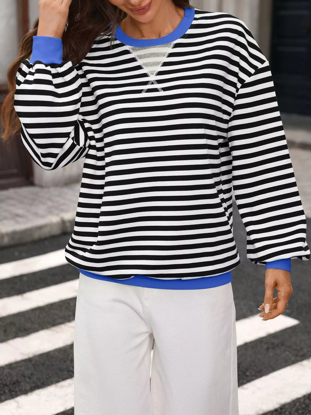 Contrast Trim Striped Crew Neck Sweatshirt (2)