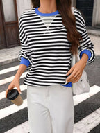 Contrast Trim Striped Crew Neck Sweatshirt
