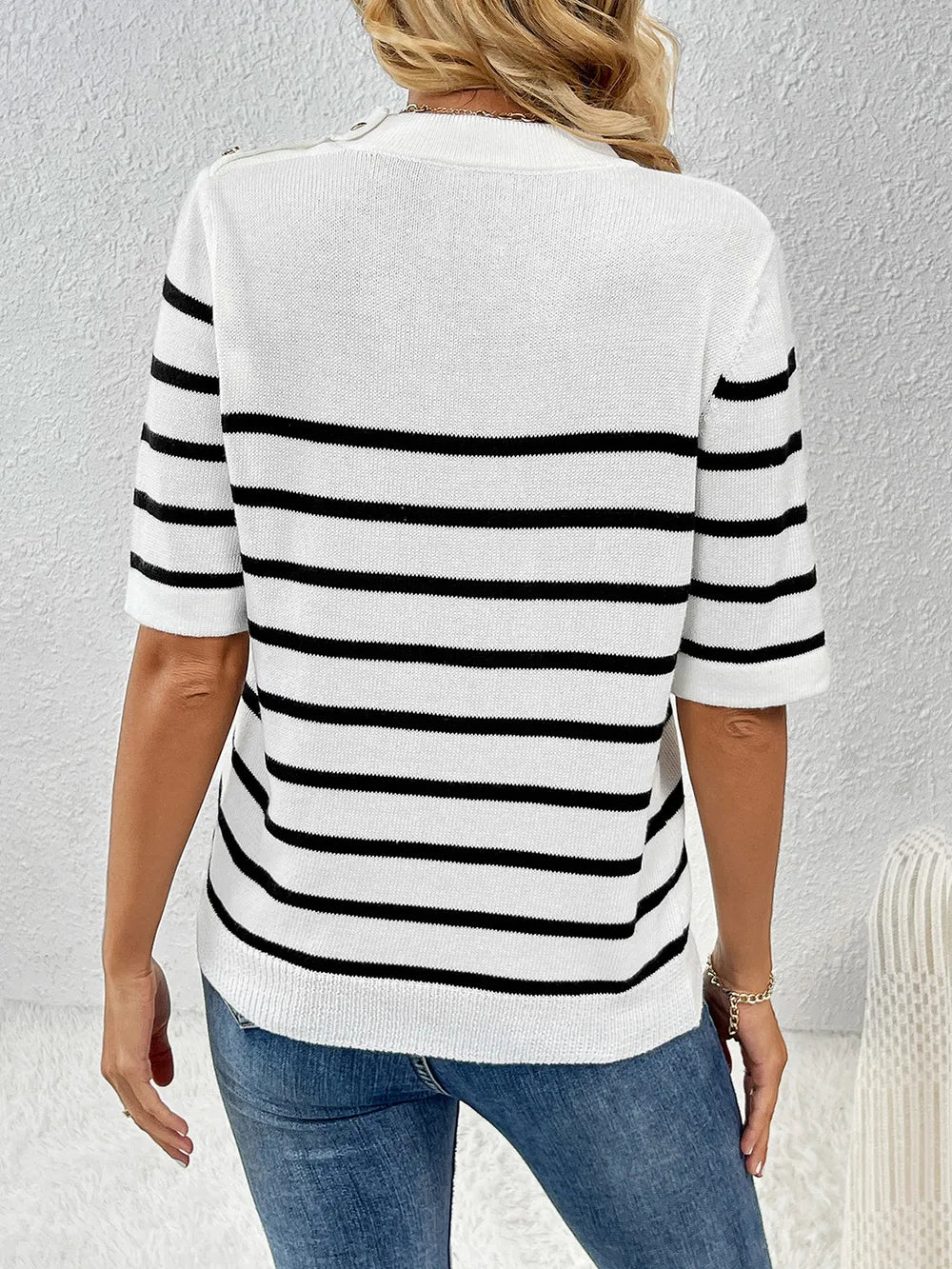 Striped Round Neck Half Sleeve Knit Top (8)
