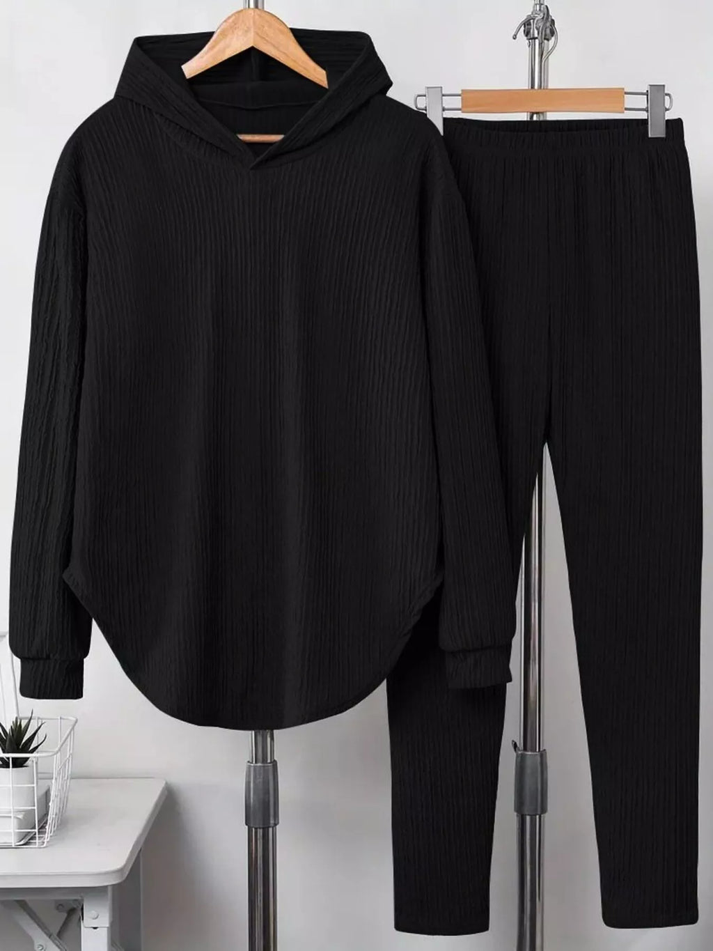 Textured Long Sleeve Hoodie Pants Set