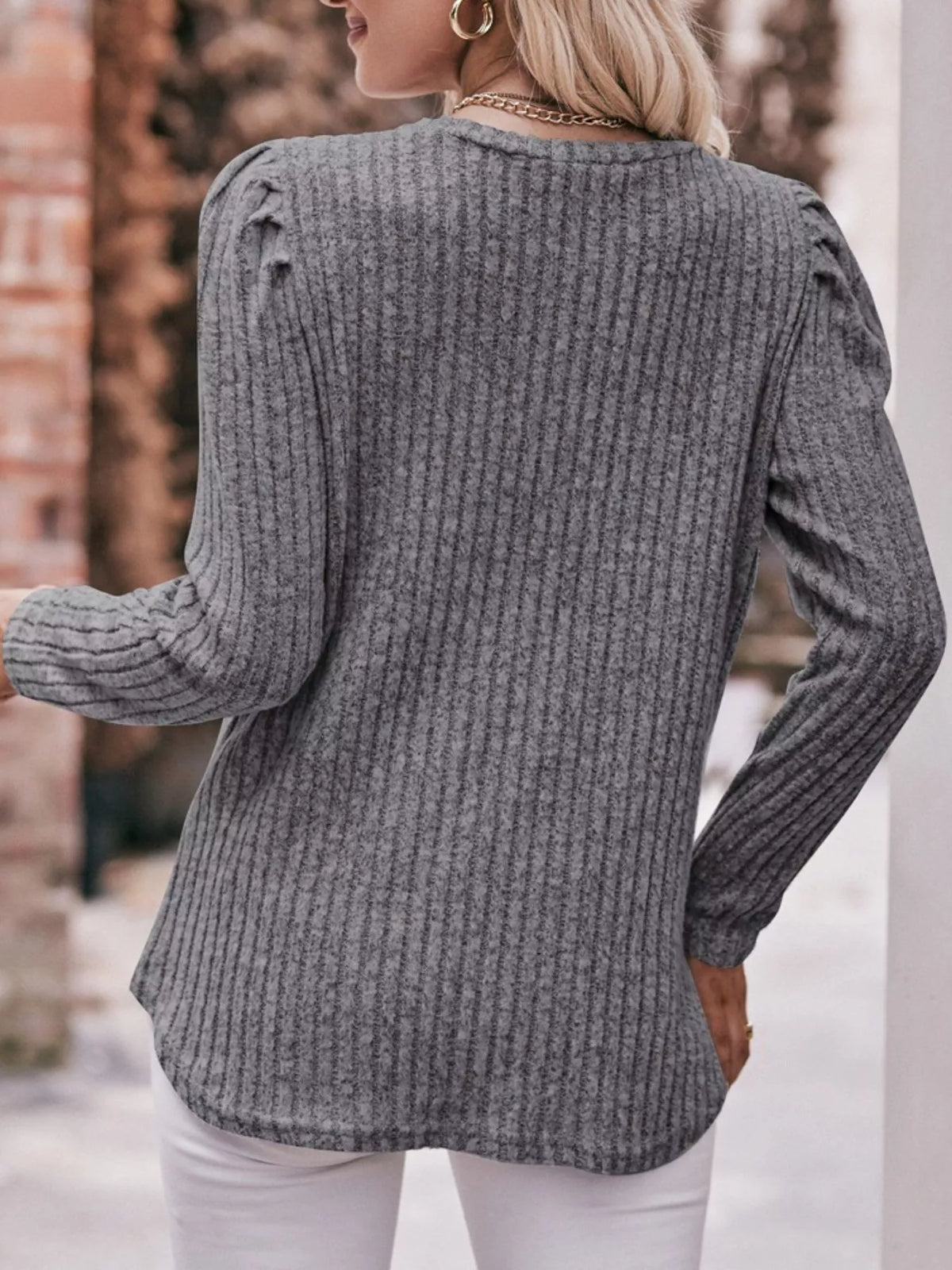Ribbed Knit Puff Sleeve T-shirt (30)