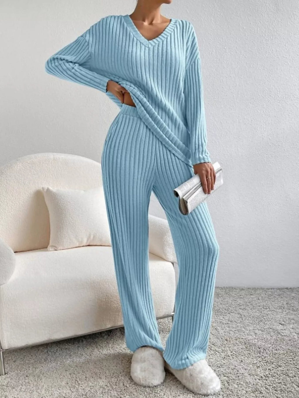 Ribbed Knit V-neck Top Pants Set (19)