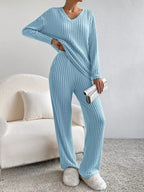 Ribbed Knit V-neck Top Pants Set (19)