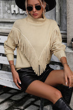Turtle Neck Tassel Front Long Sleeve Pullover Sweater (23)