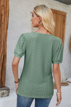 Eyelet Round Neck Short Sleeve Blouse (21)