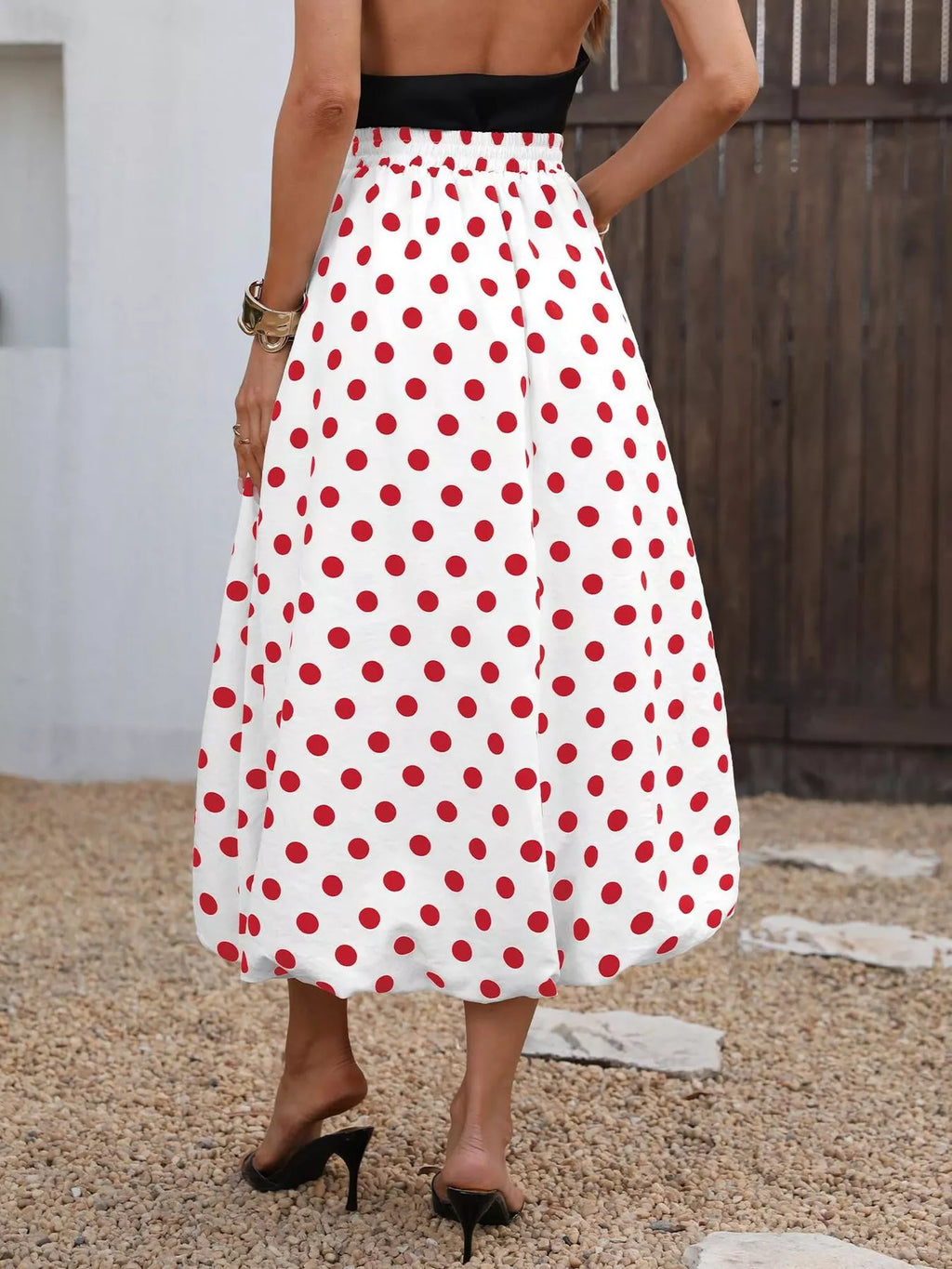 High-waisted Polka Dot A-line Midi Skirt (9)