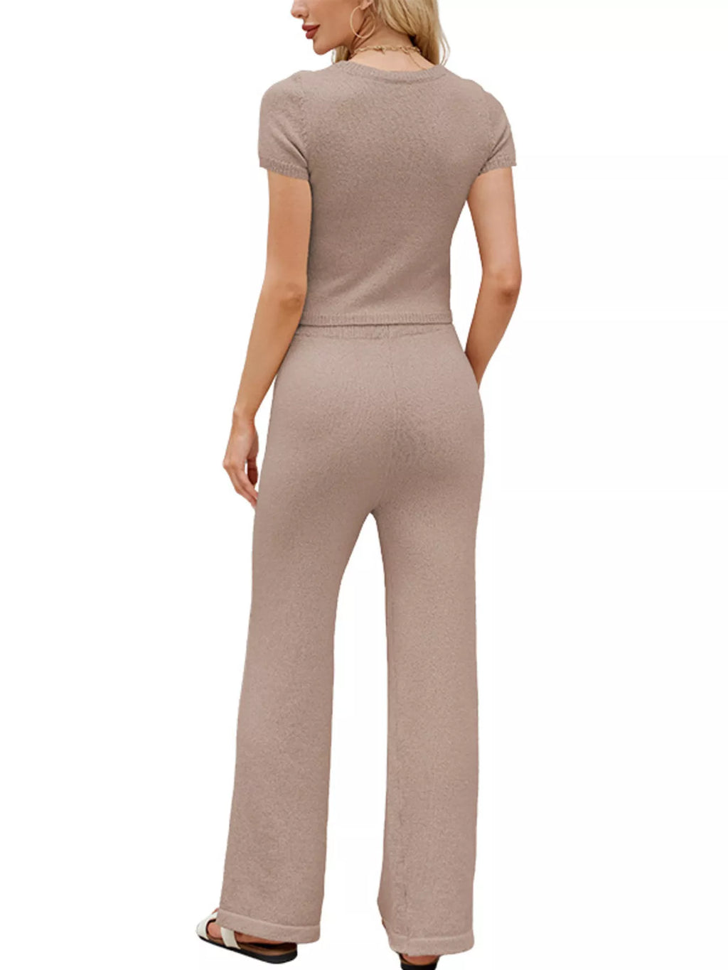 Solid Color Knit Short Sleeve Top Wide Leg Pants Set (3)