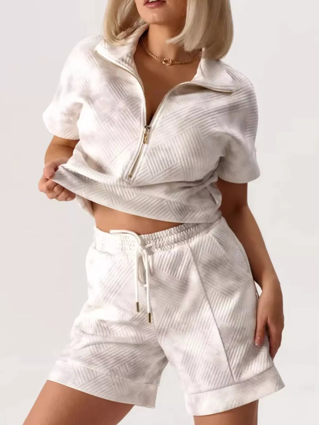 Half Zip Short Sleeve Top Shorts Set