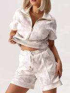Half Zip Short Sleeve Top Shorts Set