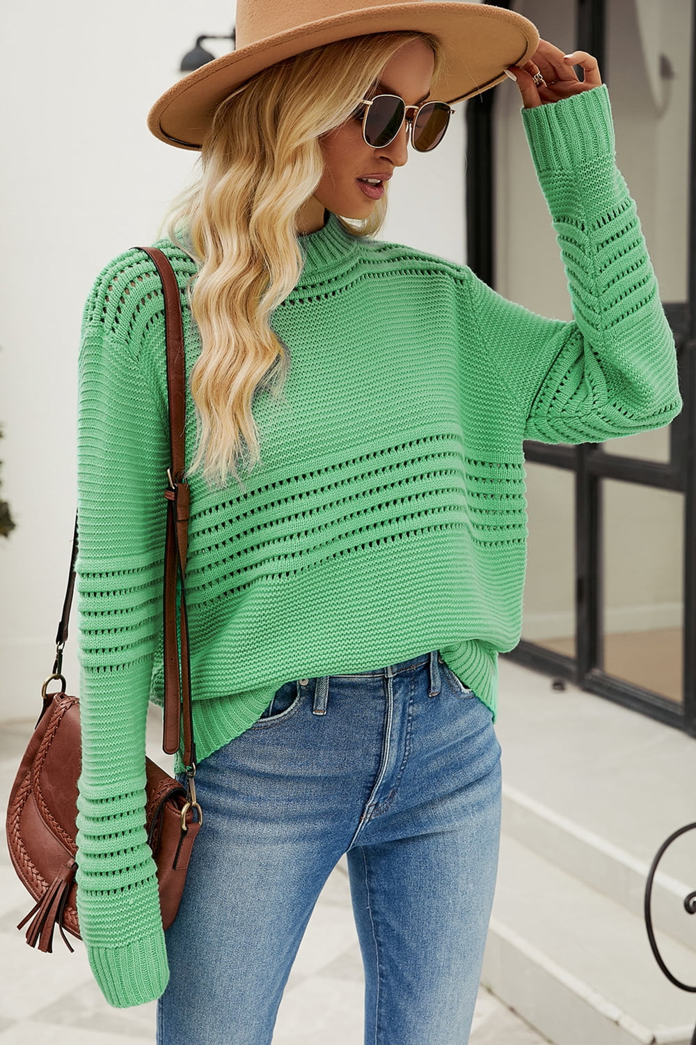 Round Neck Openwork Long Sleeve Pullover Sweater (8)
