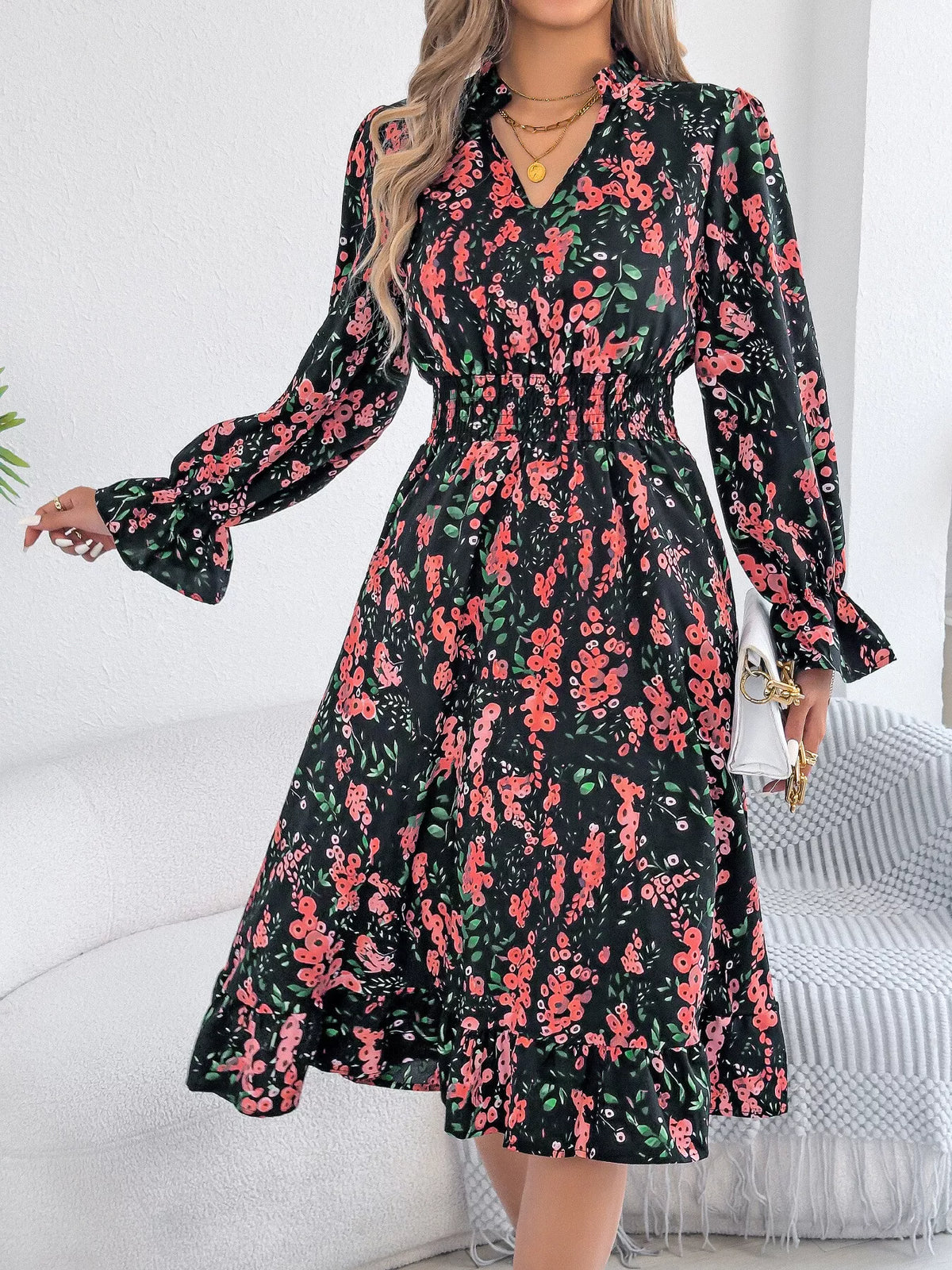 Floral Print Ruffle Hem Flounce Sleeve A-line Dress (13)