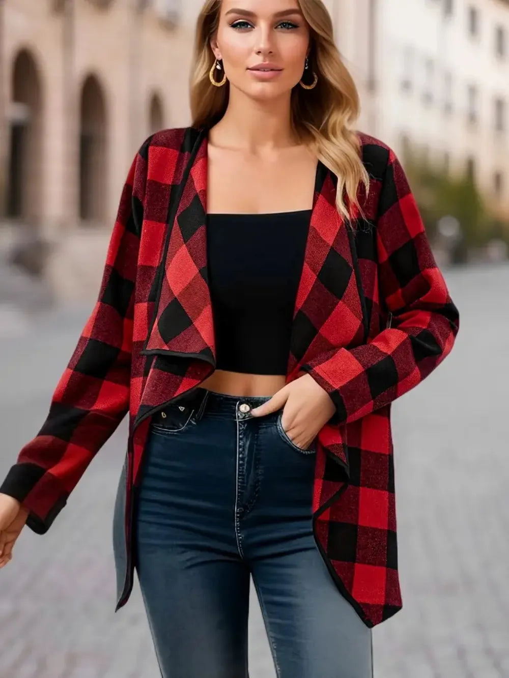 Plaid Open Front Long Sleeve Jacket (4)