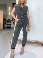 Full Size Button Front Cap Sleeve Denim Jumpsuit Plus