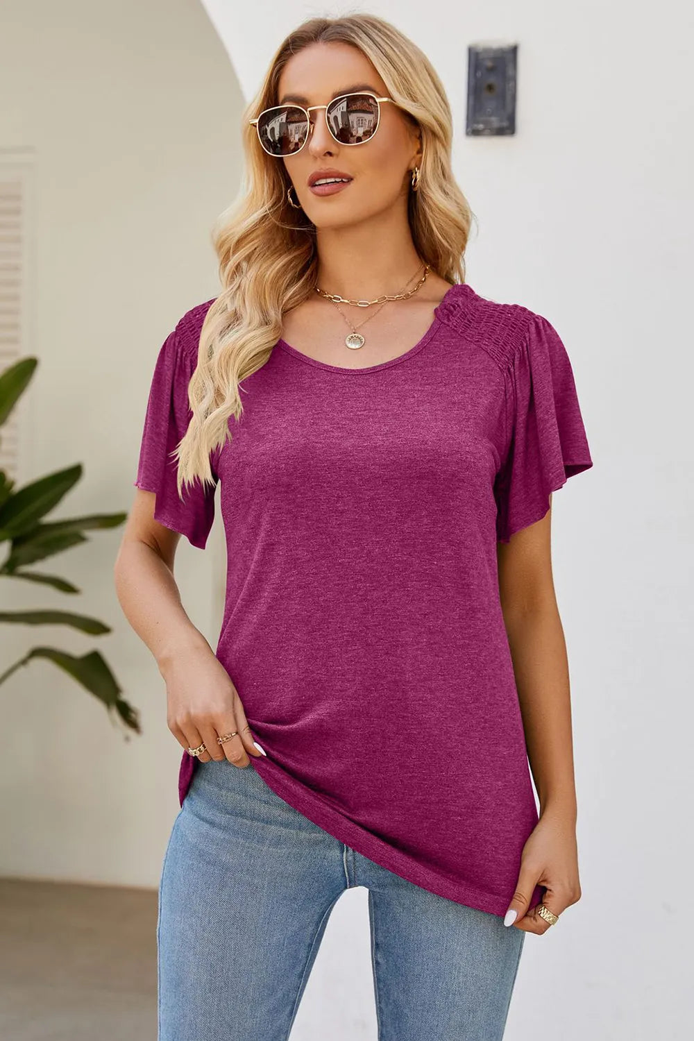 Smocked Round Neck Flutter Sleeve T-shirt (14)