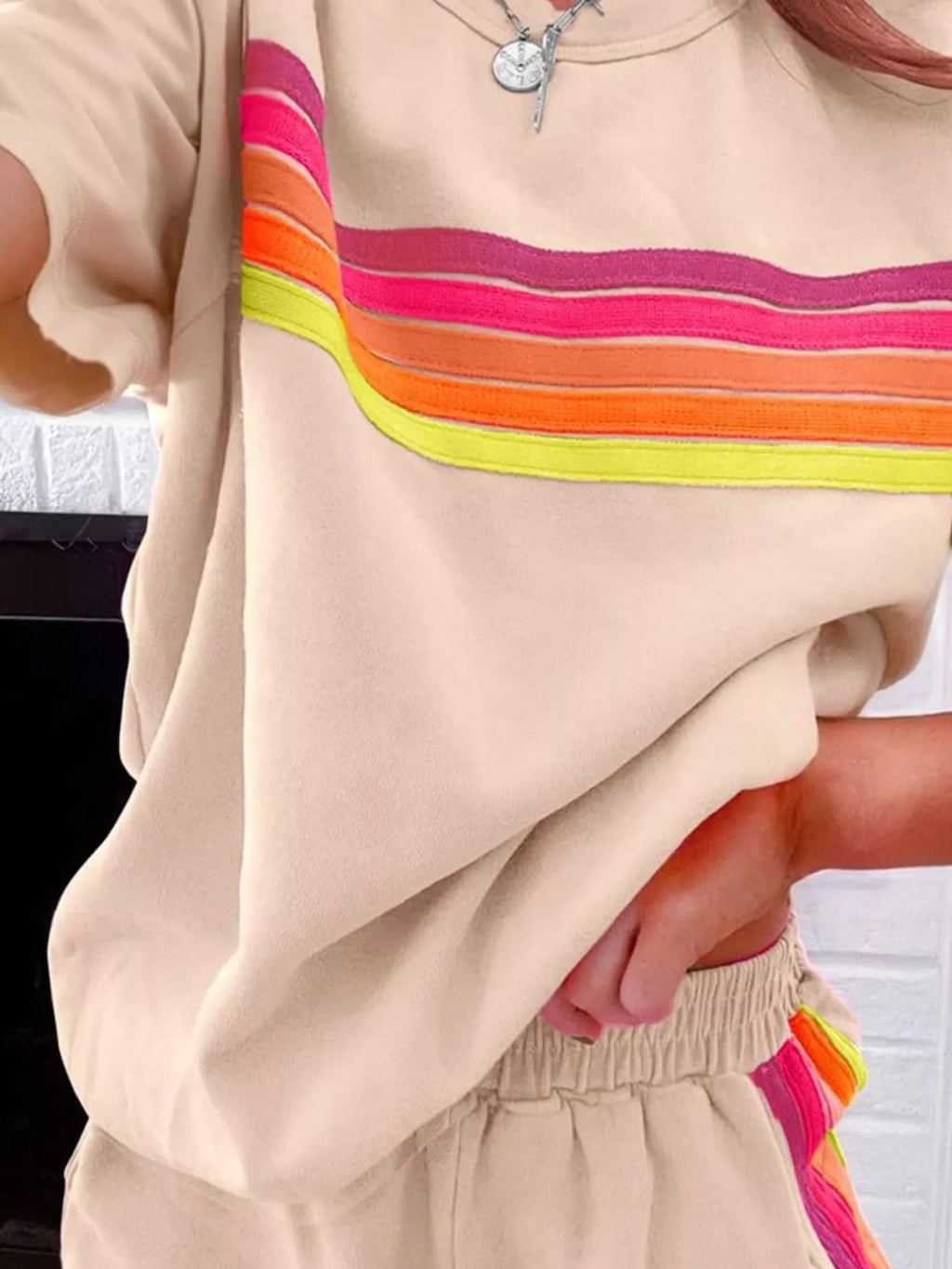 Rainbow Striped Round Neck Top Shorts Set (15)
