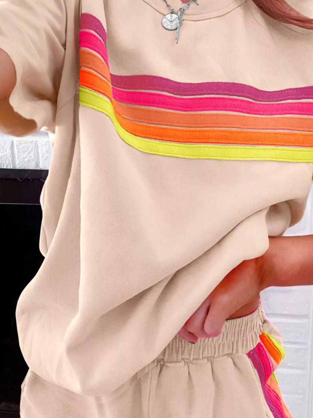 Rainbow Striped Round Neck Top Shorts Set (15)