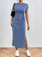 Tied Striped Round Neck Short Sleeve Tee Dress (26)