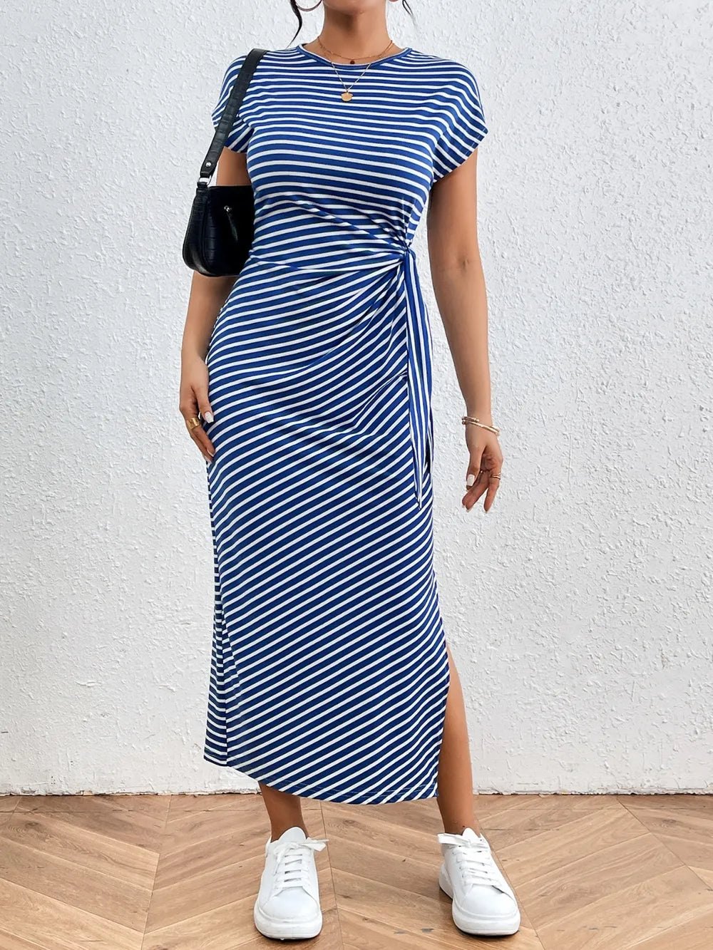 Tied Striped Round Neck Short Sleeve Tee Dress (26)