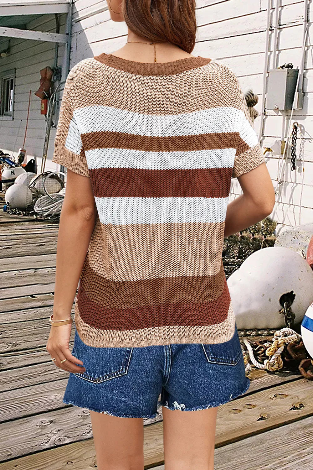 Striped Round Neck Short Sleeve Knit Top (9)