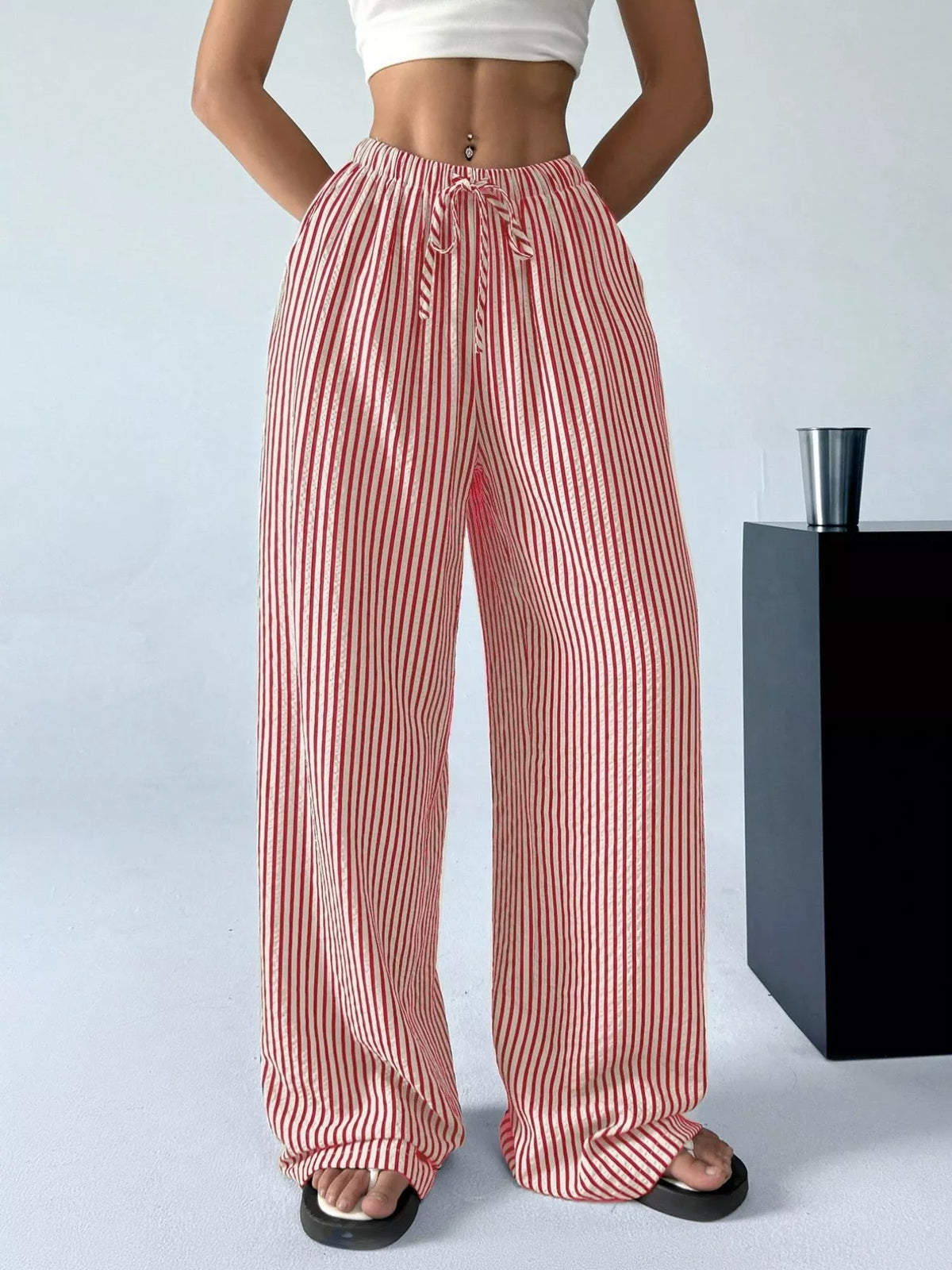 Full Size Striped Drawstring Waist Wide Leg Pants Plus (2)