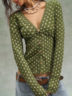 Polka Dot Button Down Textured Long Sleeve Blouse (6)