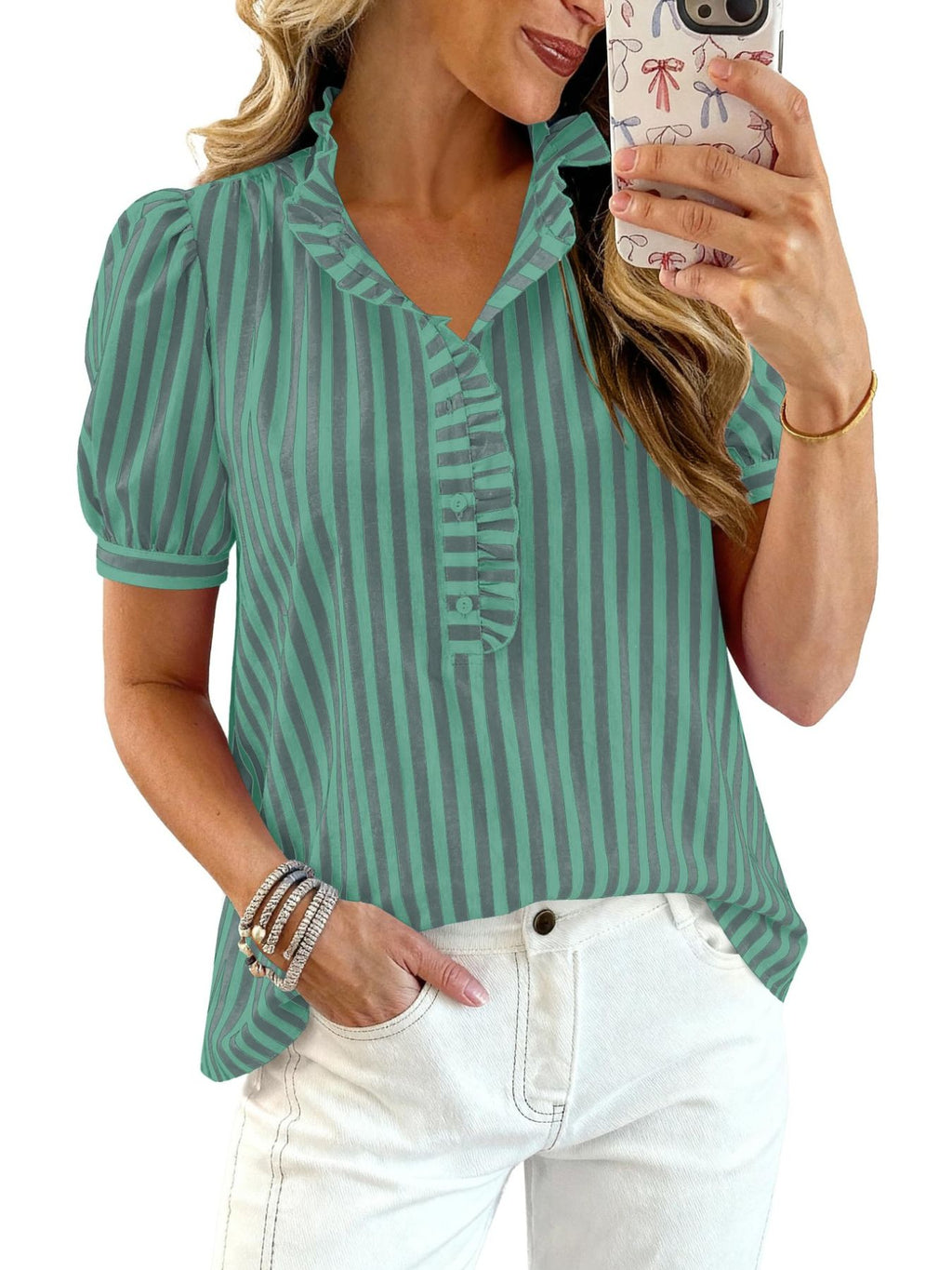 Frill Striped Puff Sleeve Blouse (12)