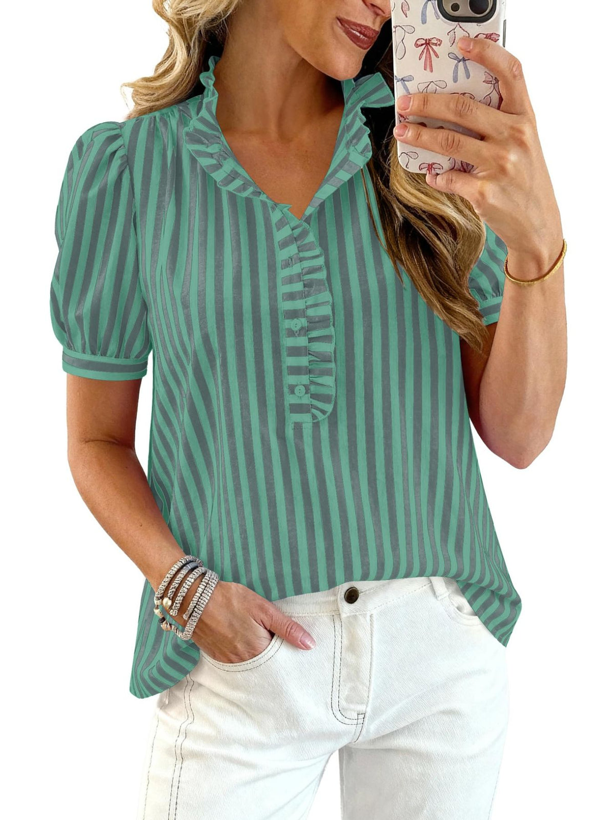 Frill Striped Puff Sleeve Blouse (12)