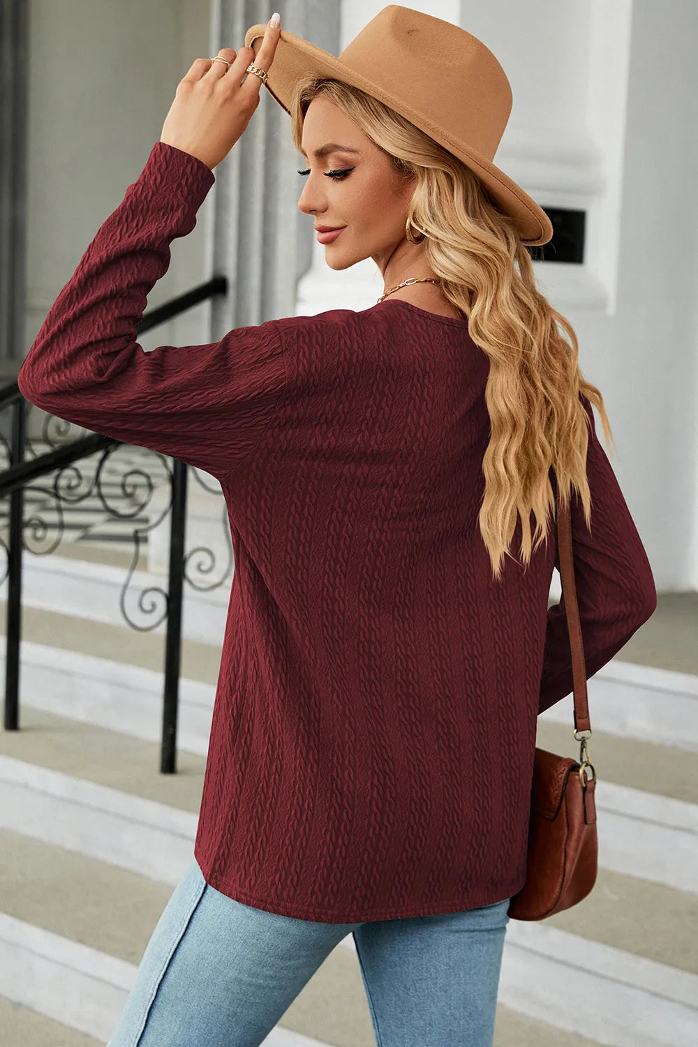 Decorative Button V-neck Long Sleeve T-shirt (2)