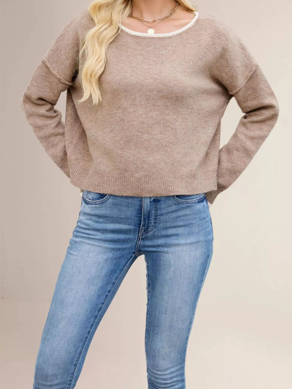 Contrast Trim Dropped Shoulder Sweater (7)