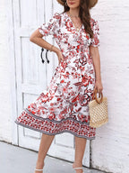 Floral Print Puff Sleeve Wrap Midi Dress (20)