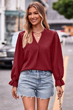 Swiss Dot Notched Neck Flounce Sleeve Blouse (16)