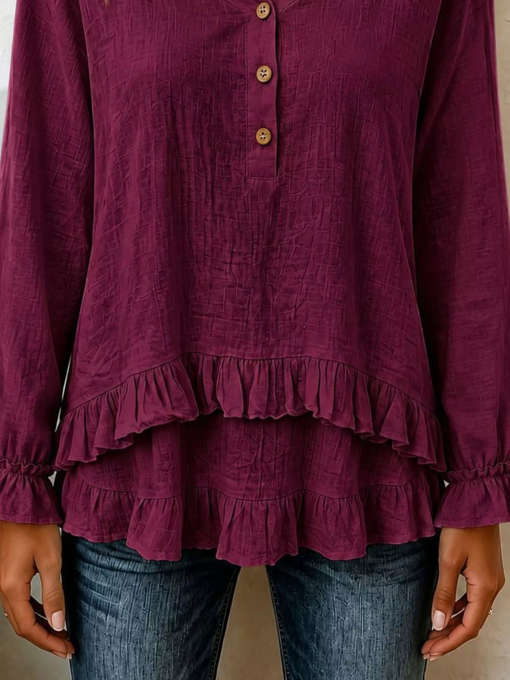 V-neck Long Sleeve Button Detail Ruffled Hem Blouse (18)