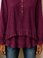 V-neck Long Sleeve Button Detail Ruffled Hem Blouse (18)