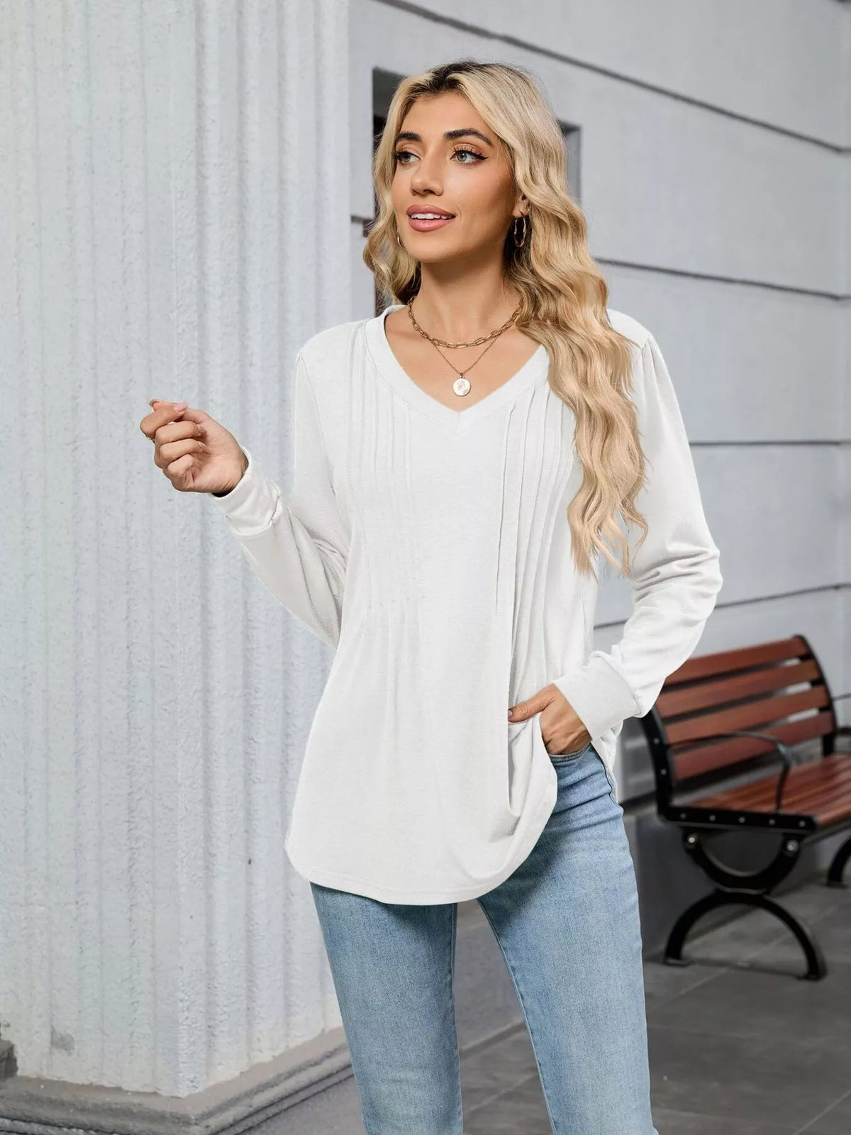 V-neck Long Sleeve Relaxed Fit T-shirt (5)