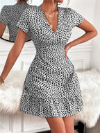 Printed Ruffled Hem V-neck Short Sleeve Mini Dress (31)
