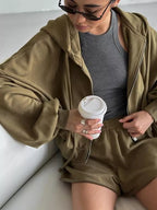 Oversized Zip-up Hoodie Shorts Set (27)