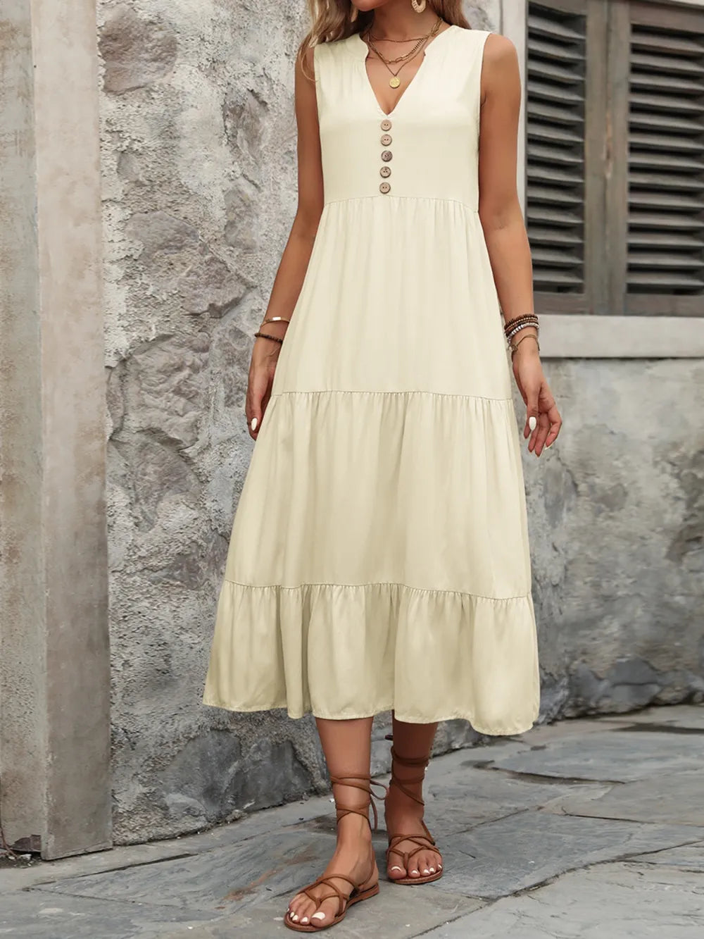 Decorative Button Notched Sleeveless Dress (24)