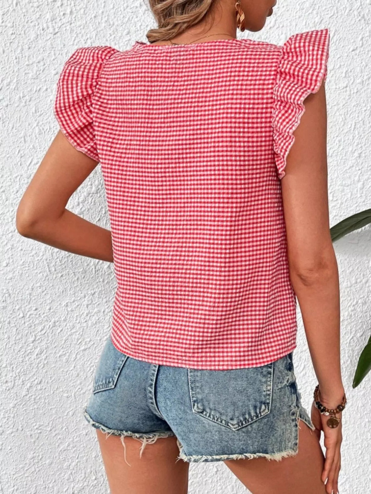 Gingham Ruffle Sleeve Square Neck Blouse (28)