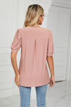 Eyelet Short Puff Sleeve Notched Neck Top (3)