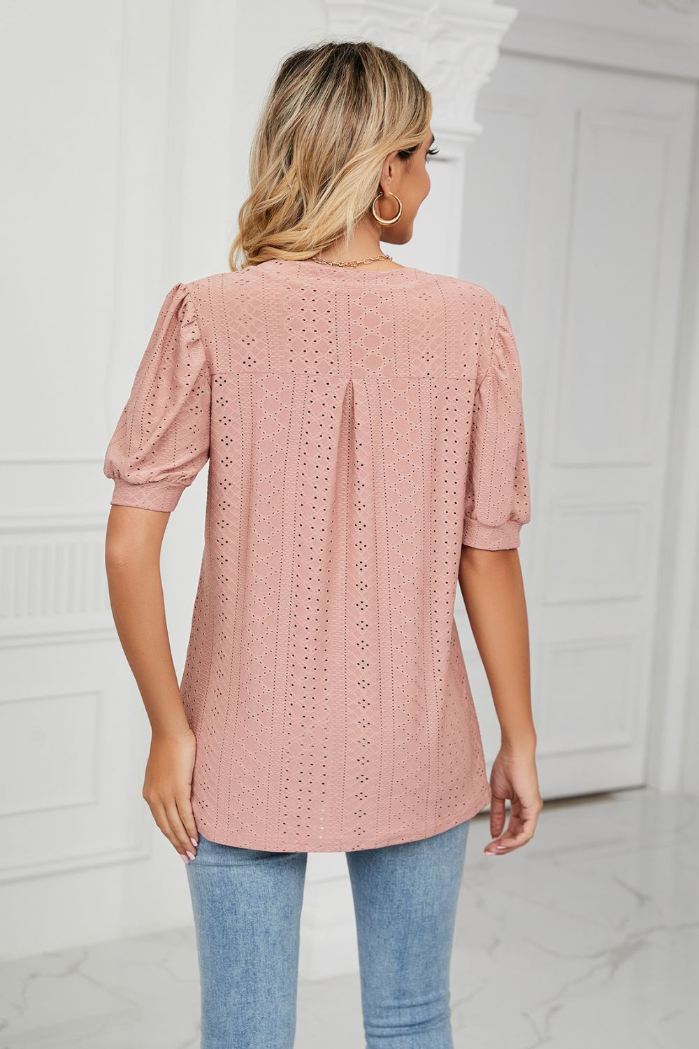 Eyelet Short Puff Sleeve Notched Neck Top (3)