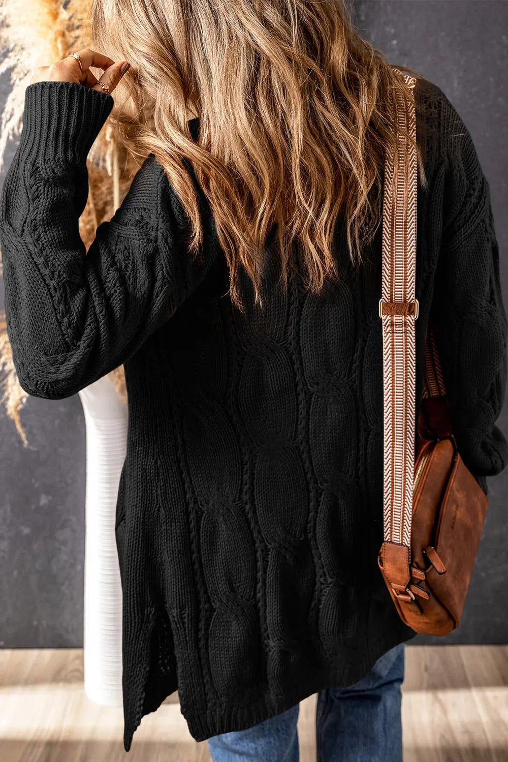 Cable-knit Dropped Shoulder Slit Cardigan (13)
