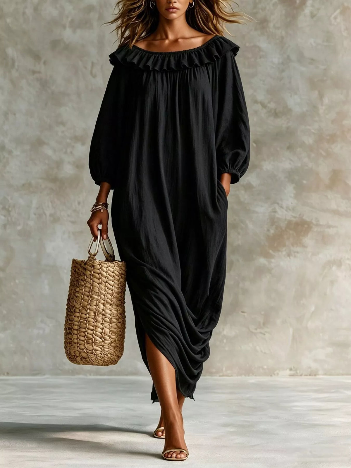 Ruffled Boat Neck Ruched Midi Dress (10)