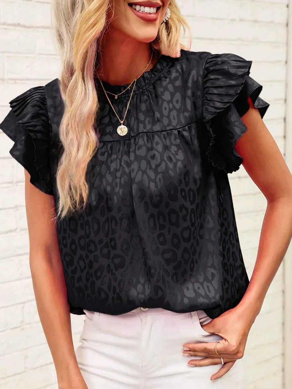Leopard Frill Mock Neck Ruffled Cap Sleeve Top (7)