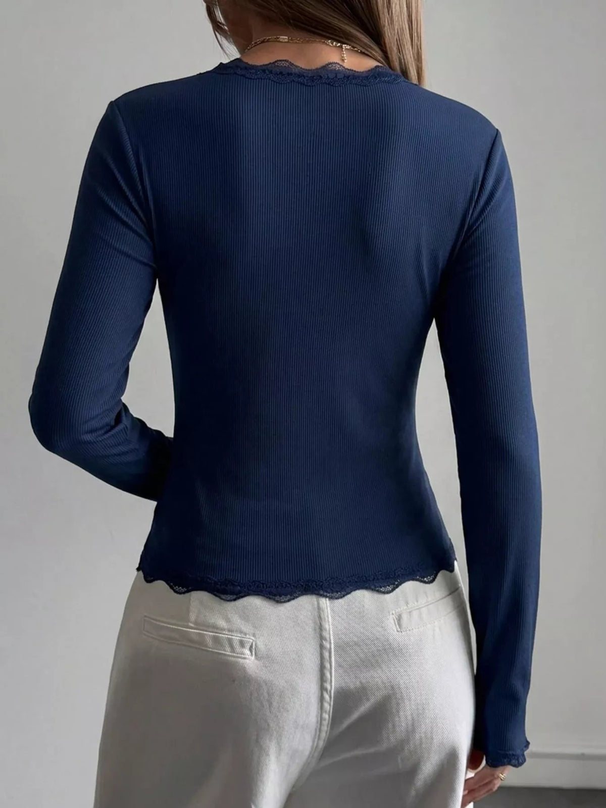 Lace Trim V-neck Ribbed Long Sleeve Blouse (12)