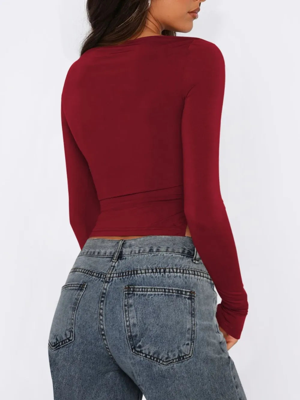 Tied Slit Round Neck Long Sleeve T-shirt (14)