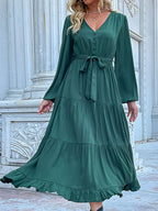 Ruffled Hem V-neck Balloon Sleeve Dress (5)